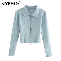 KPYTOMOA Women Fashion Zip-up Cropped Knitted Cardigan Sweater Vintage Lapel Collar Long Sleeve Female Outerwear Chic Tops 210204