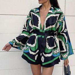 Women's Tracksuits Women Business Suit 2022 Summer Fashion Green Print 2 Piece Set Kimono Shirt Blouse High Waist Casual Shorts Woman SuitWo