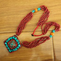 Pendant Necklaces Ethnic Tibetan Long Flower Necklace Handmade Turquoises Beaded Bohemia Nepal JewelryPendant