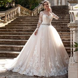 2023 New Dubai Elegant Long Sleeves A-line Wedding Dresses Sheer Crew Neck Lace Appliques Beaded Vestios De Novia boho Bridal Gowns with Buttons