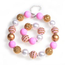 -Collane a pendente semplice Color puro Collana grossa per perle Girls Bubblegum e bracciale Set fattiglia fatta per bambini per bambini
