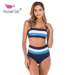 Pocket Girl 2020 High Waist Bikinis Striped Swimwear Bikini Set Swimming Womens Bandage Bathing Suit Swimsuit Women Swimwear T200708