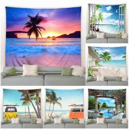 Ocean Beach Landscape Wall Carpet Twilight Palm Trees Travel Bus Surfboard Hawaii Hanging Living Room Dorm Bedroom Decor J220804