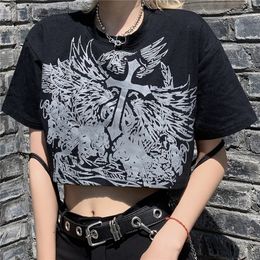Ladies T shirt Harajuku Print Cropped Top Black T shirts Streetwear Sexy Female Casual Tee T Woman Tshirts 220602