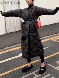 2022 Winter Women's Black Long Coat Cotton Padded Jacket Korean Casual Loose Street Style Belt Jacket Oversize L220730