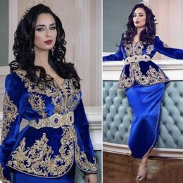 -Karakou Algerien Royal Blue Sera Dresses Formal Abiti da sera 2022 Ricamo in pizzo Gold Manica lunga Peploum Morocco Kaftan Prom Gowns