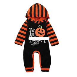 Halloween Costume Baby girls boys Pumpkin letter print romper children stripe Long sleeve Hooded Jumpsuits Autumn kids Climbing