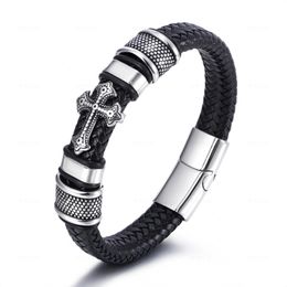 Mens Black braided leather Bangle Bracelet Chain Stainless Steel Cross Multi-strand Classic Prayer Link Wristband Punk Jewellery Magnetic Clasp