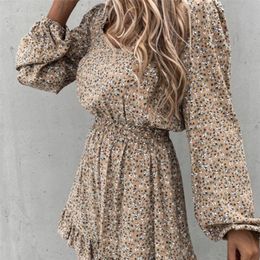 Autumn Long Sleeve Square Collar Floral Dress Women Winter Casual Ruffle A Line Print Dress Slim Female Boho Mini Party Vestidos 210319