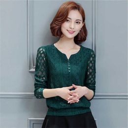 Autumn Lace Blouse Women Fashion Hollow Out Lace Top Women Shirts Long Sleeve Office Ladies Tops Plus Size Blusas Mujer DF2456 210412