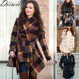 Diiwii women Stylish And Warm Sashes Trench Women Woolen Plaid Coats Turn-Down Collar Medium-Long Female Jackets Autumn/Winter 201221