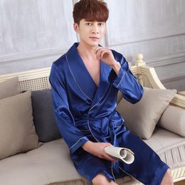 Men's Sleepwear L-XXL Mens Loose Robe Gown Casual Turn-down Collar Homewear Satin Spring Summer Kimono Bathrobe With Pocket PajamaMen's