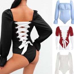 Women's Two Piece Pants Spring And Summer Women Long Sleeve Puff Clothes Square Collar T-shirt Sexy Back Strap Short JumpsuitWomen's