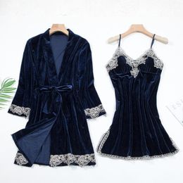 Women's Sleepwear Spring Autumn Velour Soft 2PCS Nighty&Robe Suit Casual Nightwear Nightgown Velvet Kimono Bathrobe Gown NightdressWomen