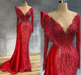 2022 Red Evening Dresses Long Sleeves Luxury Beaded Crystals Mermaid Jewel Neck Custom Made Plus Size Prom Gowns Formal Occasion Wear Vestidos