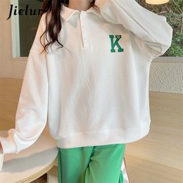 Jielur Autumn Polo Women Hoodies Korean Fashion Streetwear Casual Loose Cool Buttons Letter Print Grey White Black Sweatshirt 220815