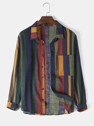 Men's Casual Shirts Men Striped Print Blouse Tops 2022 Summer Contrast Colour Patchwork Cotton Linen Shirt OL Workwear WDC8000Men's Men'sMen'