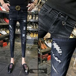 spring autumn skinny strech Casual ripped hole fashion black teenagers hip hop cowboy denim leg jeans men pencil pants 201128