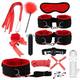 Nxy Bondage Bdsm Sexy Nylon Kits Plush Set Handcuffs Games Whip Gag Nipple Clamps Toys for Couples Exotic Accessories 220419