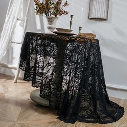 LacyDecor Hollow Black Lace Round Tablecloth - Diam. 150/190cm - Wedding, Banquet, Dining or Coffee Table Cover with Elegant Floral Design