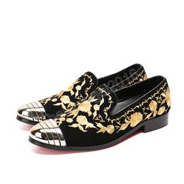 Handmade Gold Flower Embroidery Men Plus Size Flat Shoes Slip on Mens Loafers Wedding Party Men Dress Shoes