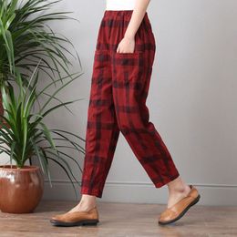 Spring Summer Fashion Women Harem Pants Elastic Waist Loose Casual Plaid Cotton Ankle-length Pants Ladies Trousers CX220316