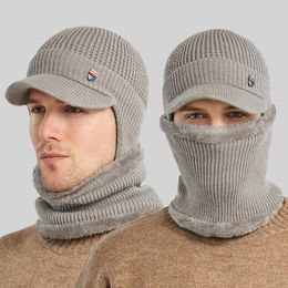 Berets Men Winter 2Pcs Set Visor Earflap Beanie Hat With Scarf Knit Plush Lined Warmer X7YA