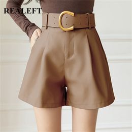 REALEFT Women's PU Leather Shorts With Belt Winter Stylish Pockets Ladies Elegant Solid Casual Trousers Female 220427