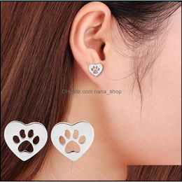 Stud Earrings Jewelry Love Heart Hollow Dog Paw Ear Copper Small Animals Footprints Earrs For Women Men Drop Delivery 2021 Tihz6