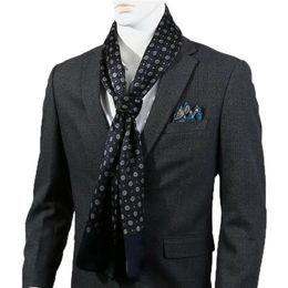 Men's 100% Silk Scarf Long Neckerchief Double Layer Cravat Blue Printed Pattern