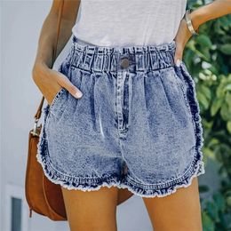 Summer Women's Denim Shorts Casual Fashion Vintage Stretch Ruffle Shorts Elastic Waist Jeans for Women 220419