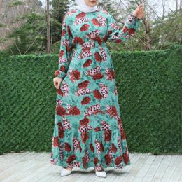 Ethnic Clothing Abaya Dubai Dresses For Women 2022 O-collar Bundle Sleeve Elegant Maxi Dress Muslim Floral Print Swing Pakistan ClothesEthni