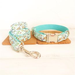 GLORIOUS KEK Dog Collar Turquoise Flowers Pet Custom Engrave Name and Leash Set Quick Release Nylon Necklace LJ201112