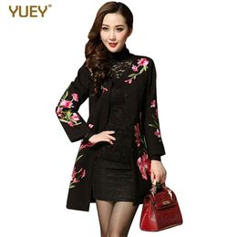 Autumn winter new female jacquard Woollen coat womens black national wind silm floral printing embroidery long coat M to LJ201106
