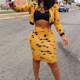 Sexy Two Piece Matching Set for Women Spring Black Yellow Print Clothes Long Sleeve Front Zipper Crop Top Midi Skirts Set T200325