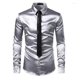 Chemises décontractées pour hommes 2pcs Silver Silk Shirt Tie Mens Satin Smooth Tuxedo Button Down Down Men Dress Farty Prom Chemise Hommemen's Dway22