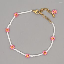 Beaded Strands GO2BOHO 2022 Summer Jewellery For Women Fashion Tiny Daisy Bracelets Pink Flower Braclet White Beads Handmade Pulseras Fawn22