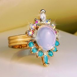 Wedding Rings Boho Female White Moonstone Big Ring Classic Gold Colour Engagement Luxury Crystal Flower For WomenWedding