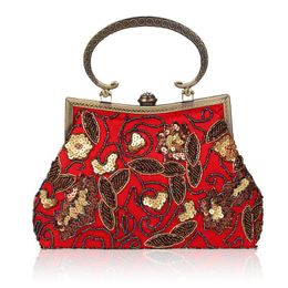 Evening Bags Retro Ethnic Style Women Clutch Bag Fashion Floral Beaded Sequin Lady Clutches Metal Chain Party Shoulder Messenger BagsEvening