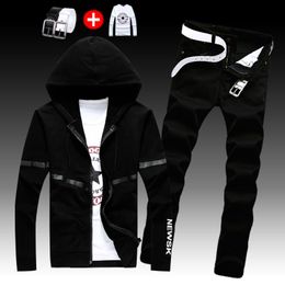 Men's Tracksuits Men's Casual 2pcs Set Hoodie Sweatshirt Top Jeans Pants Long Sleeve Coat Black/White Trousers For Male Autumn ClothingM