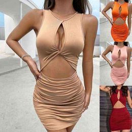 Fashion Woman Sexy Solid Mini Pleated Cut Out Skin Tight Dress Lady's Sleeveless Elegant Bodycon Dresses Outfits for Party Y220526