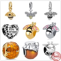 925 Sterling Silver Dangle Charm Bee Honey Honeycomb Bead Fit Pandora Charms Bracelet DIY Jewellery Accessories