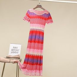 509 2022 Summer Kint Short Sleeve Crew Neck Brand Same Style Sweater Striped Long Dress Luxury Womens Clothes weikey