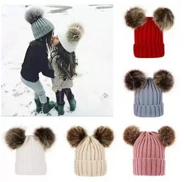 Children Baby Knitted Hats Winter Solid Crochet Hat Warm Soft Pom Pom Beanies Double Hairball Outdoor Slouchy Caps B0619