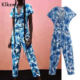 Klkxmyt Za Women Jumpsuit Blue Floral Long Woman Summer Fashion Bow Cut Out Short Sleeve Casual Romper Outfit 210527