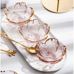 Bowls 3pcs Nordic Tableware Gold Inlay Glass Sauce Bowl Japan Style Cherry Blossoms Seasoning Plate Mini Vinegar Dish Kitchen SuppliesBowls