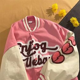 Hip Hop women Varsity Jacket Cartoon Letter Embroidery loose College style Couple Bomber Jacket Harajuku Baseball Coats 220816