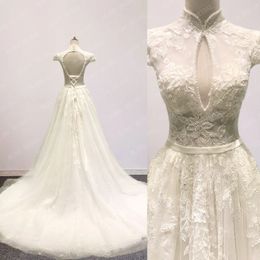 Real Image Elegant High Neck Cap Sleeve Wedding Dress 2022 Crystal Lace Flower Beaded Boho Bridal Wedding Gowns Custom Made