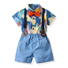 Clothing Sets Baby Clothes Boys Printed Rompers Suit For Infant Born Dress Kids Blue Shorts Short Sleeves Outfit Turn-down Collar
