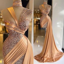 Sparkle 2023 Gold Mermaid Evening Dresses with Over Skirt Sequin Pleat Short Prom Gowns High Collar Ladies Sexy vestido de novia C0630